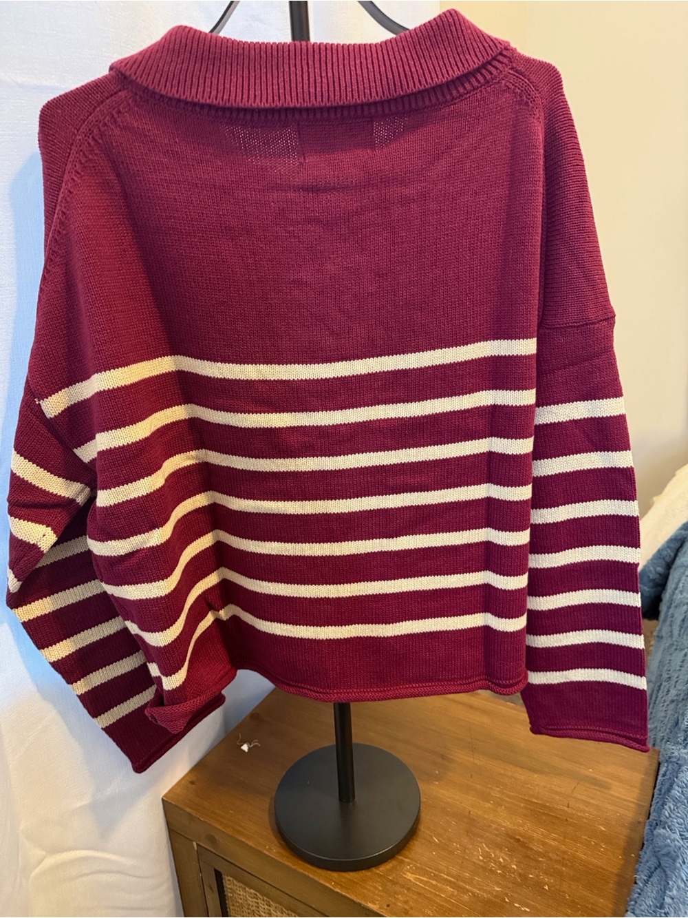 white birch Burgundy and Cream Striped Crewneck Sweater